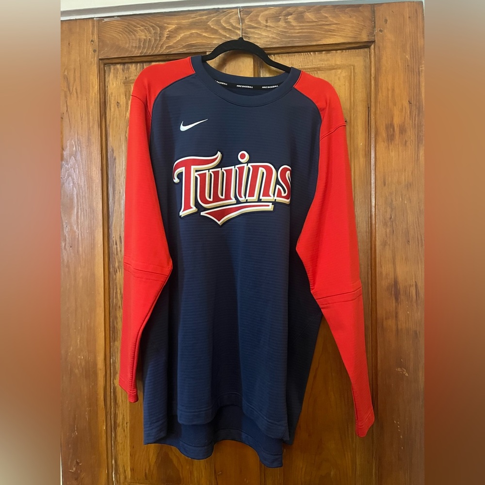 Nike Navy and Red MN Twins Long Sleeve Crew Pregame Shirt